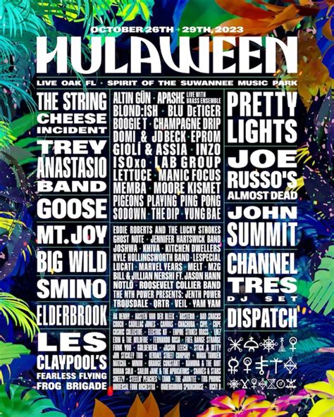 Hulaween lineup - The Hulaween 2023 Experience. by Colin Eldridge | Nov 4, 2023 | Festivals. LIVE OAK, FLORIDA – Suwannee Hulaween has been on my bucket list for over 5 years, so when I saw that the lineup announcement included jam band legend Trey Anastasio, coveted underdogs like Blu DeTiger, and a long awaited return of Pretty Lights, I knew I …